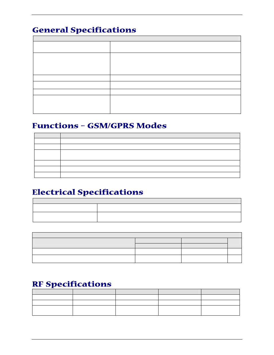 General specifications, Functions – gsm/gprs modes, Electrical specifications | Rf specifications | Multi-Tech Systems MTCBA-G-U-F4 User Manual | Page 7 / 32