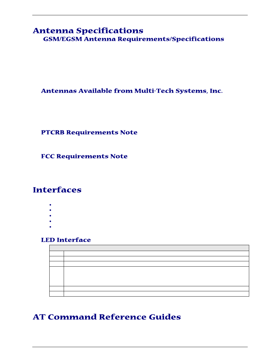 Antenna specifications, Interfaces, At command reference guides | Gsm/egsm antenna requirements/specifications, Antennas available from multi-tech systems, inc, Led interface | Multi-Tech Systems MTCBA-G-U-F4 User Manual | Page 8 / 32