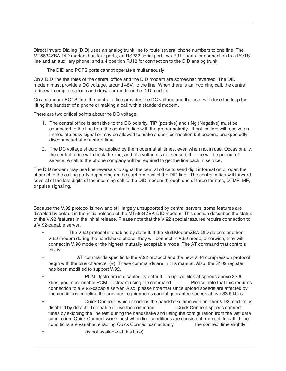 Did operation, V.92 operation, Dc polarity | Dc voltage, Direct inward dialing operation, Pcm upstream, Quick connect, V.92 mode, Did operation v.92 operation | Multi-Tech Systems MT5634ZBA User Manual | Page 11 / 59