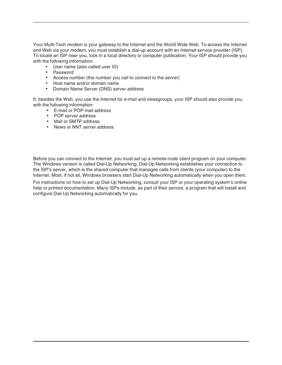 Connecting to the internet, Dial-up networking, Internet connection | Remote node operation, Connecting to the internet dial-up networking | Multi-Tech Systems MT5634ZBA User Manual | Page 12 / 59