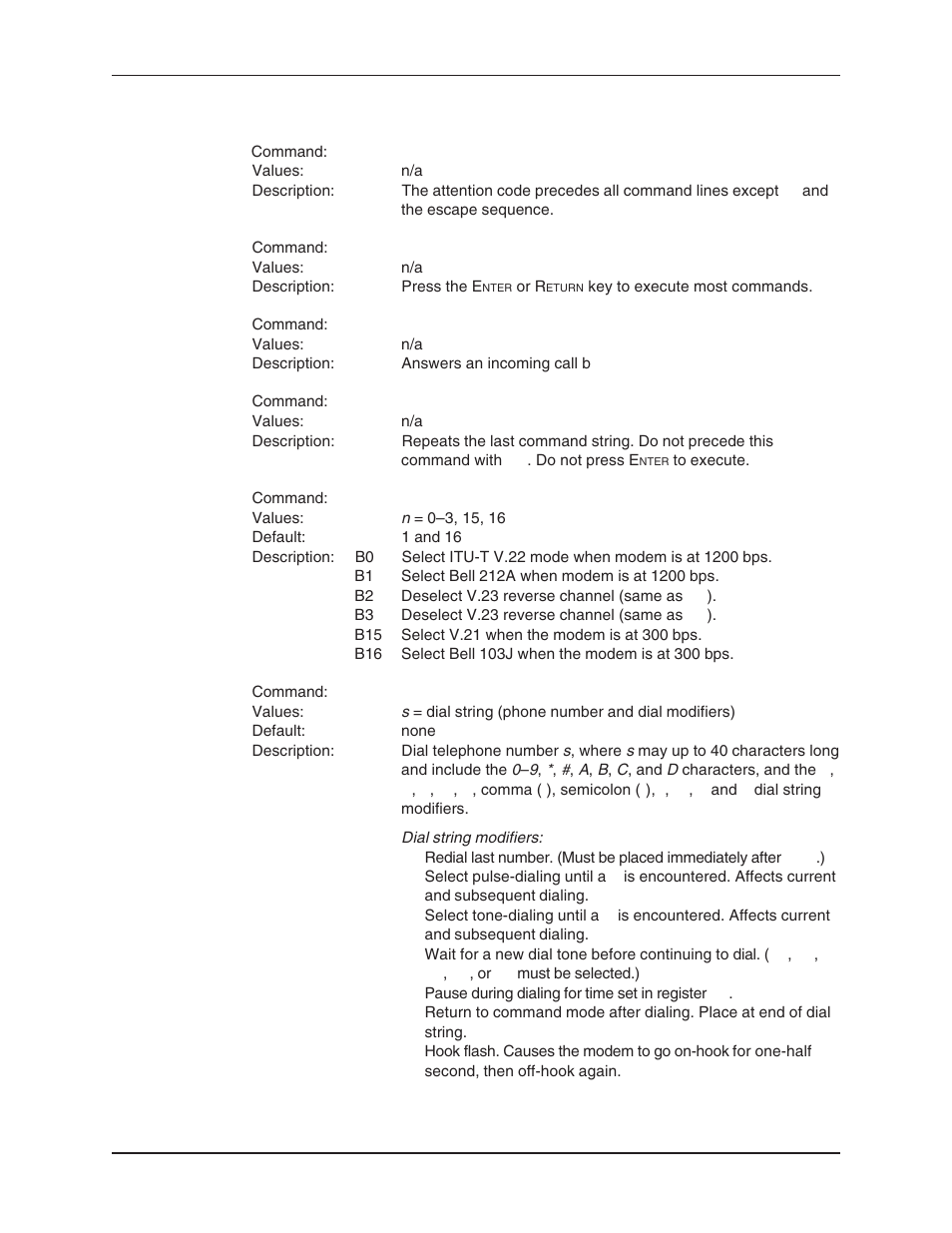 At commands, Answer command, Descriptions | Attention code, Bell 212a mode, Communication standard command, Dial command, Dial string modifiers, Enter key, Repeat command | Multi-Tech Systems MT5634ZBA User Manual | Page 14 / 59