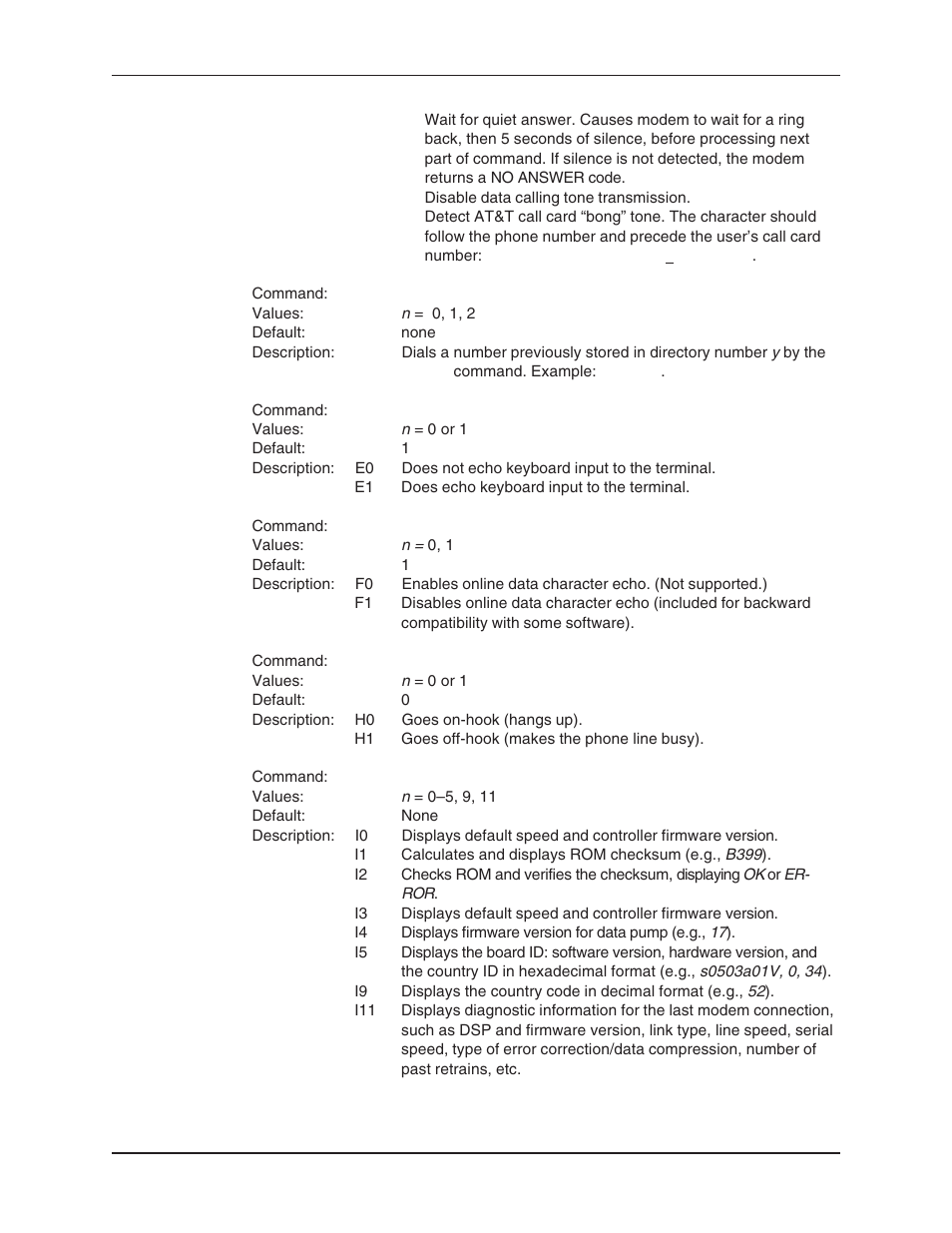Country code, displaying, Diagnostic information, displaying, Dial stored telephone number command | Echo command mode characters command, Echo online data characters command, Version, Hangup command, Hook control command, Information request command, On-hook/off-hook | Multi-Tech Systems MT5634ZBA User Manual | Page 15 / 59