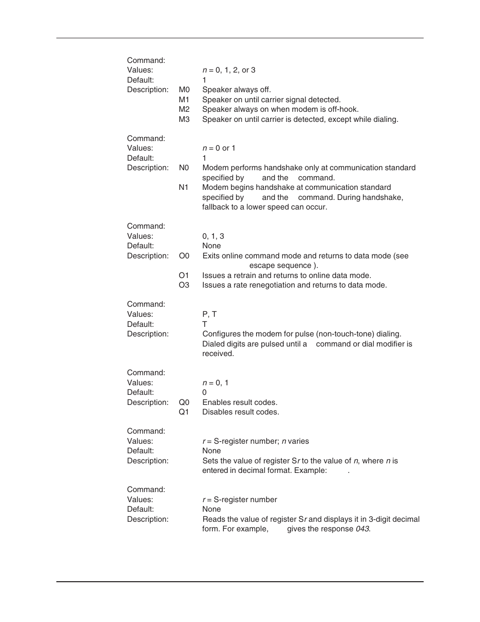 Fallback, Handshake, Modulation handshake command | Monitor speaker mode command, Pulse dialing command, Read register value command, Result codes enable/disable command, Return online to data mode command, Reading, Setting | Multi-Tech Systems MT5634ZBA User Manual | Page 16 / 59