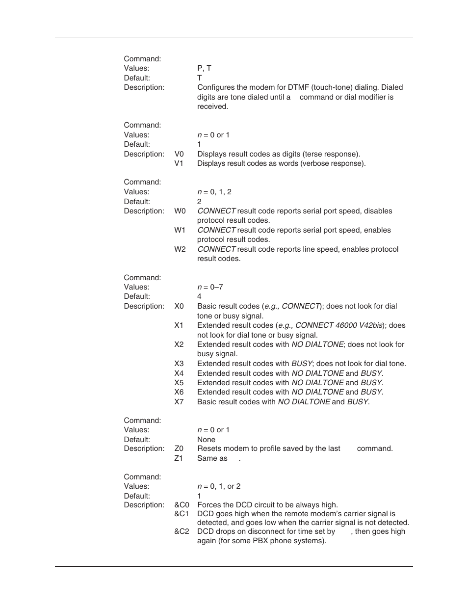 Data carrier detect command, Dcd control command, Modem reset command | Resetting the modem, Result code format command, Result code options command, Result code selection command, Tone dialing command | Multi-Tech Systems MT5634ZBA User Manual | Page 17 / 59
