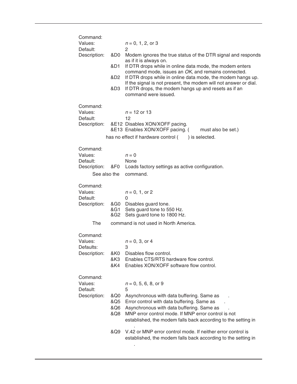 Asynchronous communications mode command, Data buffering, Data terminal ready command | Default settings, Dtr (data terminal ready) control command, Flow control, Flow control selection command, Guard tone control command, Load factory settings command, Speed conversion (data buffer) | Multi-Tech Systems MT5634ZBA User Manual | Page 18 / 59