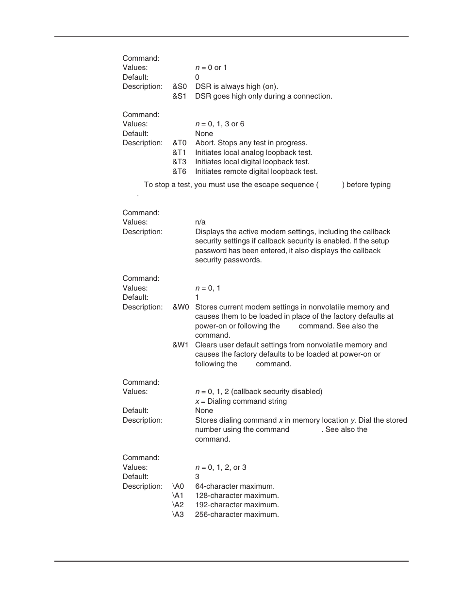 Displaying settings, Storing a dialing command, Configuration, storing a | Data set ready control command, Display current settings command, Dsr control command, Select maximum mnp block size command, Store current configuration command, Store dialing command, V.54 tests | Multi-Tech Systems MT5634ZBA User Manual | Page 19 / 59