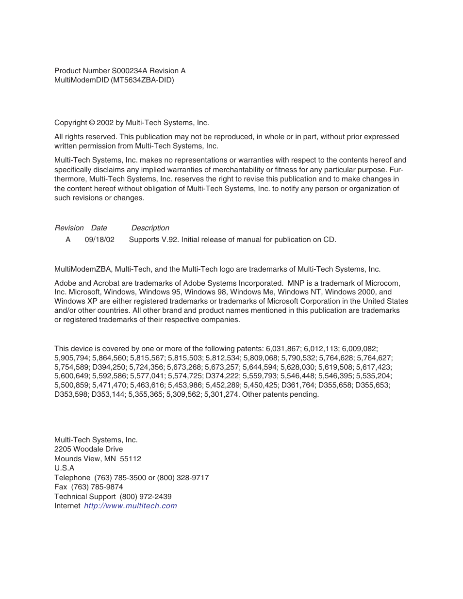Multi-Tech Systems MT5634ZBA User Manual | Page 2 / 59