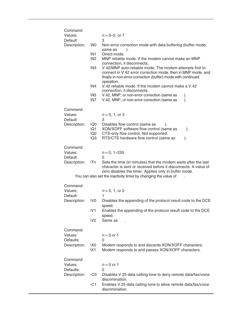 Data calling tone command, Error correction mode selection command, Inactivity timer command | Mnp error correction, Protocol result code command, V.25 data calling tone, V.42 error correction, Xon/xoff pass-through command | Multi-Tech Systems MT5634ZBA User Manual | Page 21 / 59