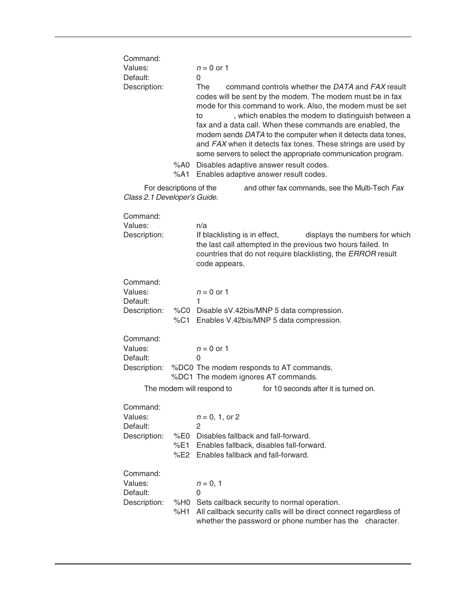 Adaptive answer result code enable command, At command control command, Disabling modem response to commands | Blacklisting, Callback security, Data compression control command, Direct connect enable command, Fallback and fall forward command, Mnp 5 data compression, V.42bis data compression | Multi-Tech Systems MT5634ZBA User Manual | Page 22 / 59