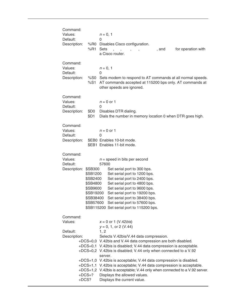 Bit mode, Asynchronous word length command, At command speed | Cisco configuration command, Command speed, Command speed response command, Data compression, Dtr dialing command, Select v.44 data compression command, Serial port | Multi-Tech Systems MT5634ZBA User Manual | Page 23 / 59