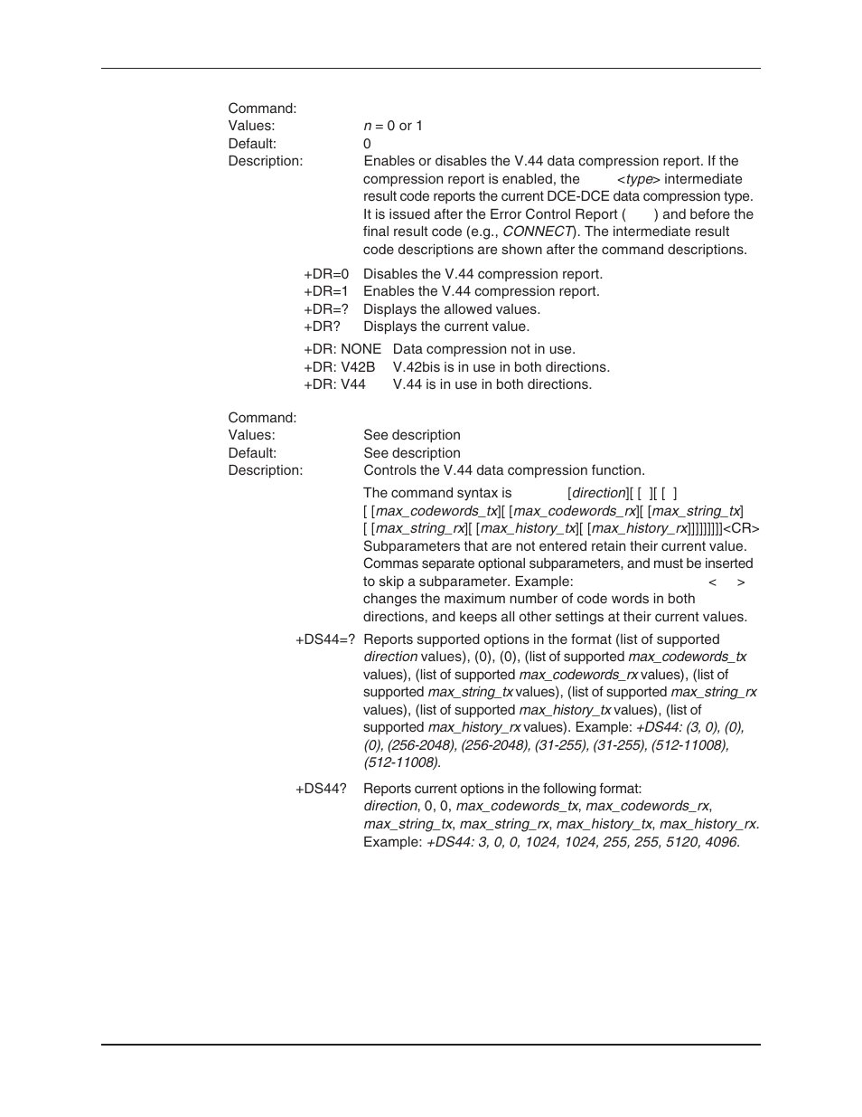 Ds44, Compression, data, V.44 data compression | V.44 data compression command, V.44 data compression reporting command | Multi-Tech Systems MT5634ZBA User Manual | Page 24 / 59