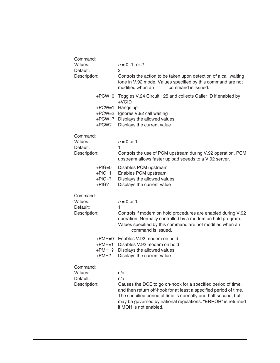 V.92 commands, Pmhf, Call waiting | Call waiting enable command, Flash, Modem on hold, Modem on hold enable command, Pcm upstream ignore command, Upstream mode, V.92 modem hook flash command | Multi-Tech Systems MT5634ZBA User Manual | Page 28 / 59
