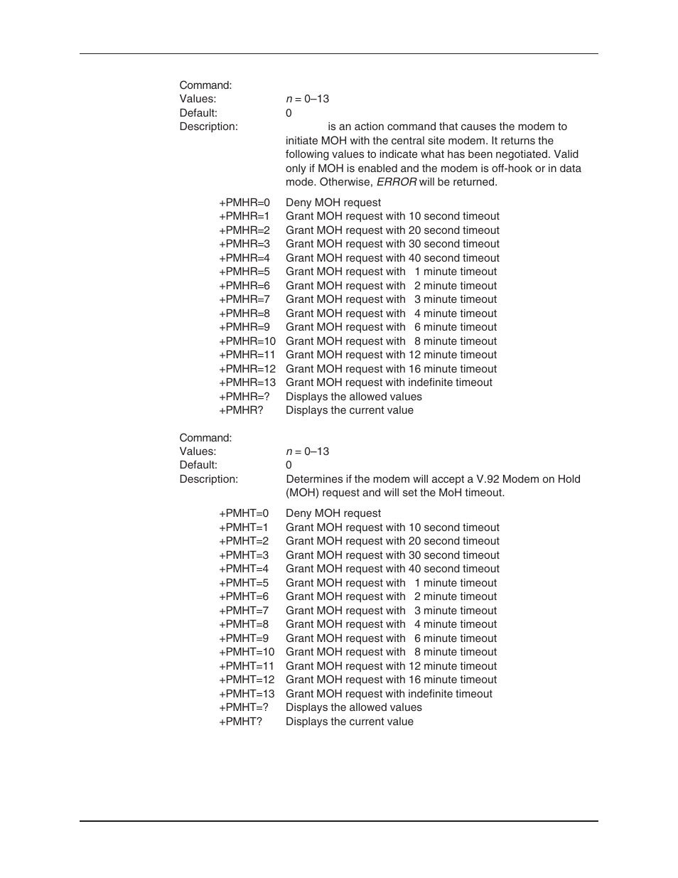 Pmhr, Pmht, Modem on hold initiate command | Modem on hold timer command | Multi-Tech Systems MT5634ZBA User Manual | Page 29 / 59