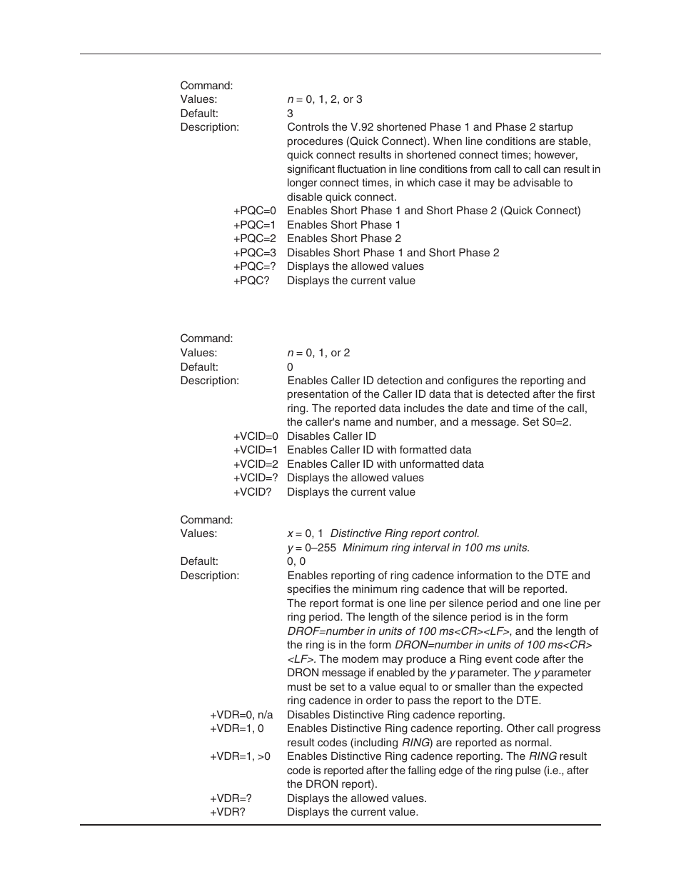Other commands, Vcid, Caller id | Caller id selection command, Distinctive ring command, Quick connect control command | Multi-Tech Systems MT5634ZBA User Manual | Page 30 / 59