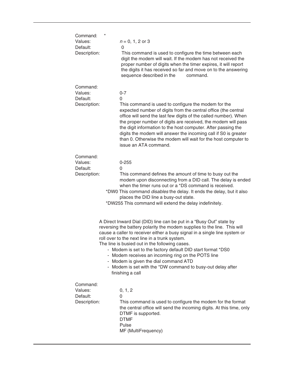 About the busy-out features and functions, Busy-out functions, Busy-out timer at end of call | Digit format *dd, Number of did digits expected, Wait for digit time-out time command | Multi-Tech Systems MT5634ZBA User Manual | Page 33 / 59
