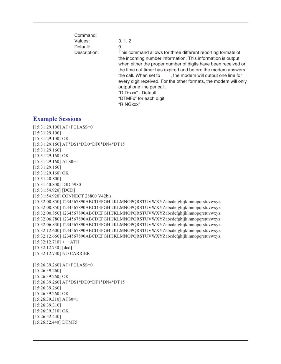 Format for reporting incoming did number, Example sessions | Multi-Tech Systems MT5634ZBA User Manual | Page 34 / 59