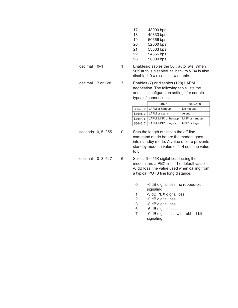 Digital loss when used with pbx, Disabling the auto rate, S108 | Standby mode delay time | Multi-Tech Systems MT5634ZBA User Manual | Page 38 / 59