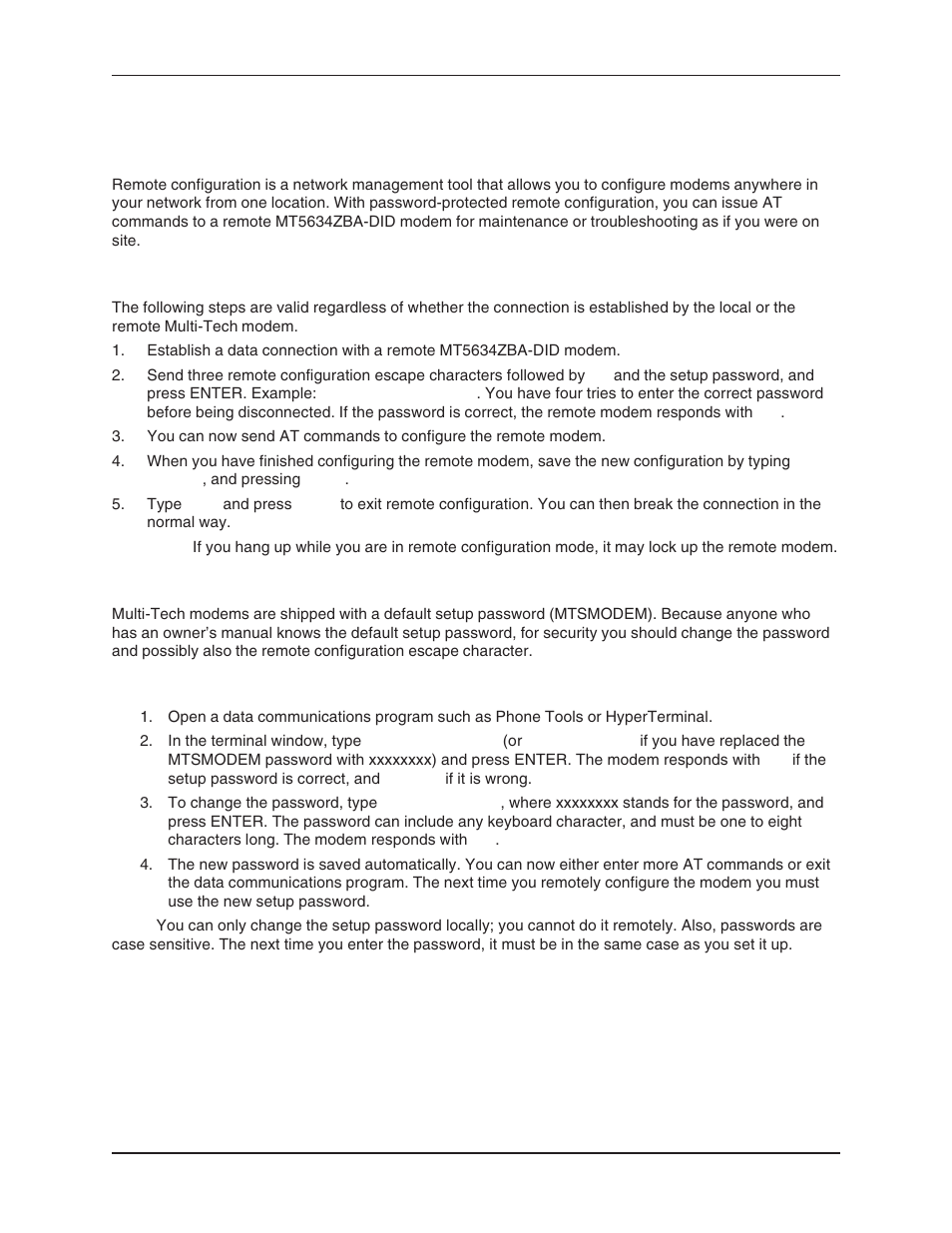 Chapter 5 - remote configuration, Basic procedure, Setup | Changing the setup password, Remote configuration, Setup password, Basic procedure setup | Multi-Tech Systems MT5634ZBA User Manual | Page 41 / 59