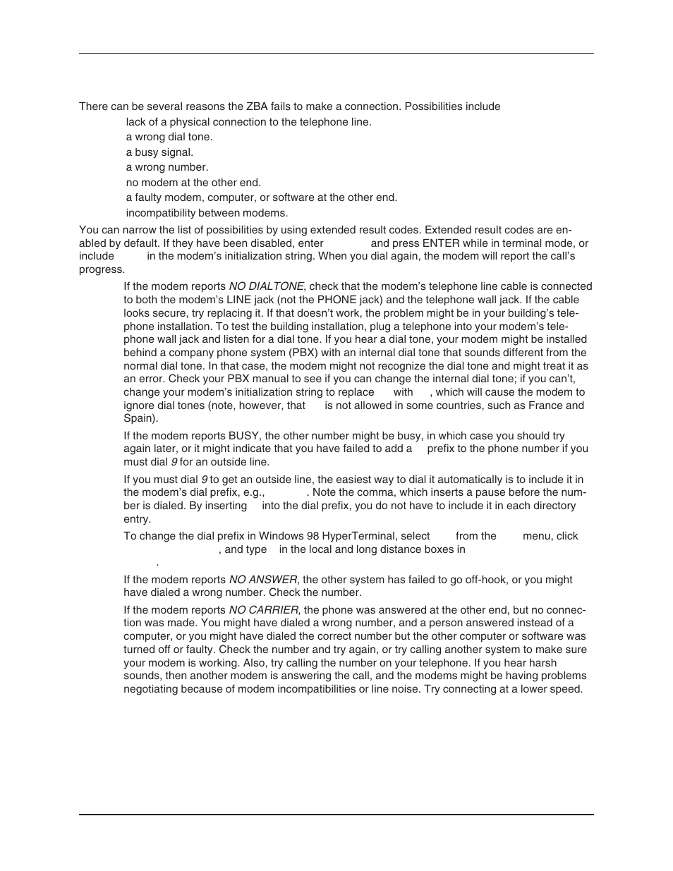 The modem dials but cannot connect, Telephone line | Multi-Tech Systems MT5634ZBA User Manual | Page 44 / 59