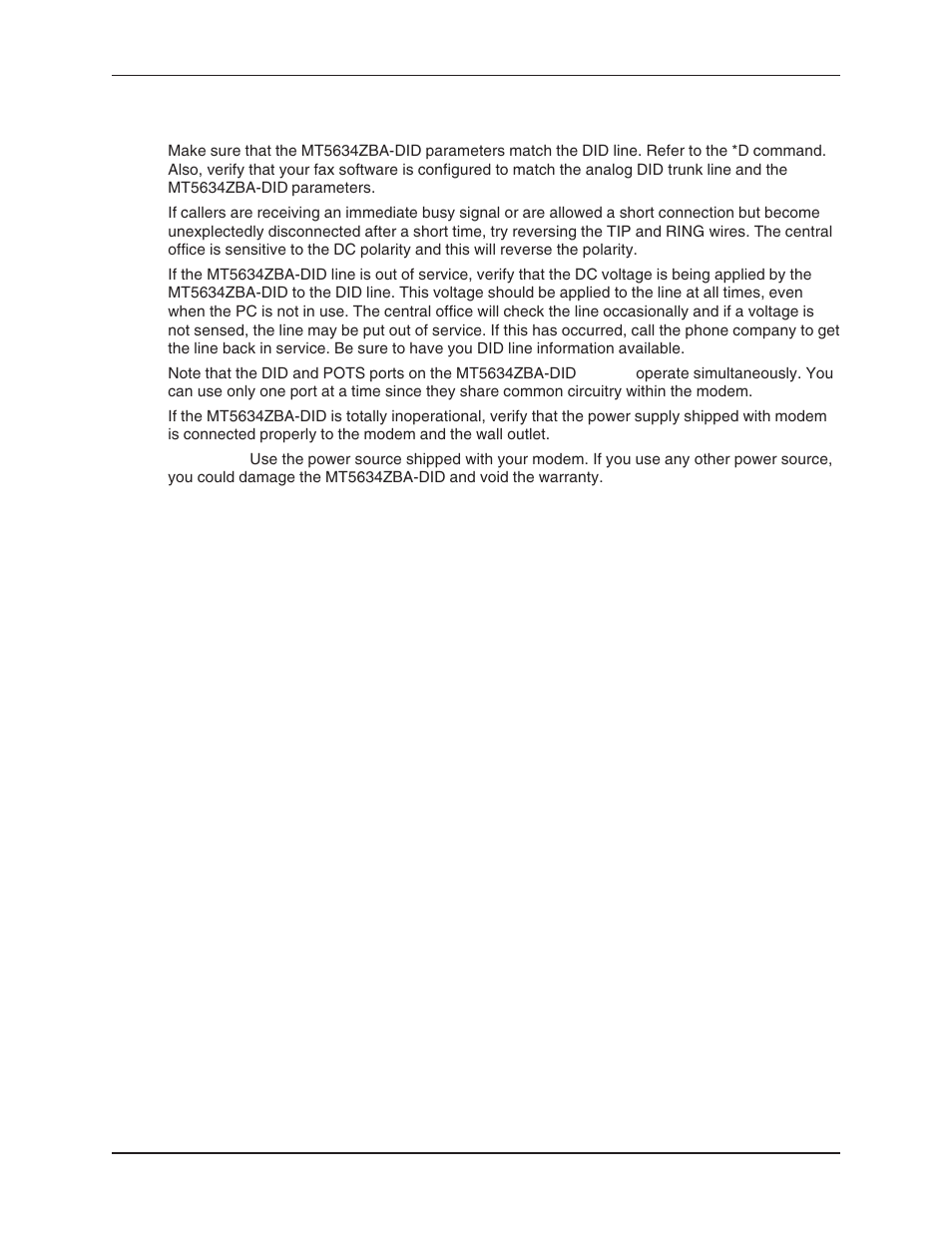 Did troubleshooting, Power source, important note, Troubleshooting did | Multi-Tech Systems MT5634ZBA User Manual | Page 46 / 59