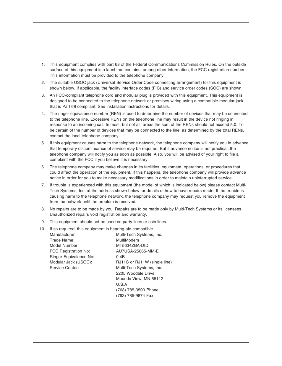 Appendix a - regulatory compliance, Fcc part 68 telecom, Fcc regulations | Regulatory compliance, Warranty, Appendix a – regulatory compliance | Multi-Tech Systems MT5634ZBA User Manual | Page 47 / 59