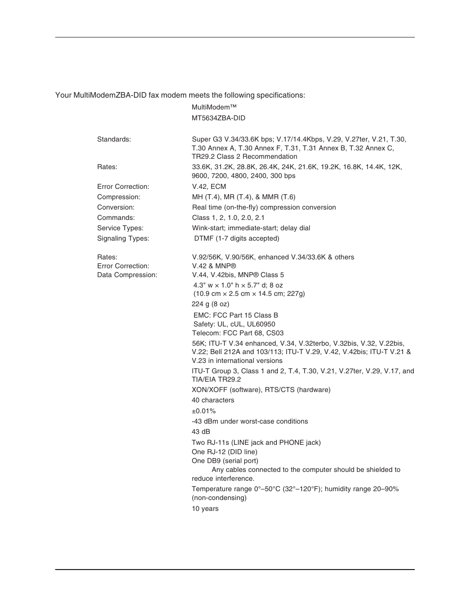 Appendix b - technical specifications, Specifications, technical, Technical specifications | Appendix b – technical specifications | Multi-Tech Systems MT5634ZBA User Manual | Page 49 / 59