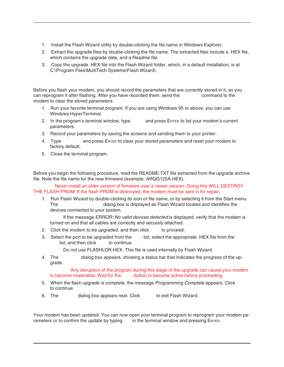 Step 4: extract the upgrade files, Step 5: clear your stored parameters, Step 6: upgrade the modem’s firmware | Step 7: restore your parameters | Multi-Tech Systems MT5634ZBA User Manual | Page 53 / 59