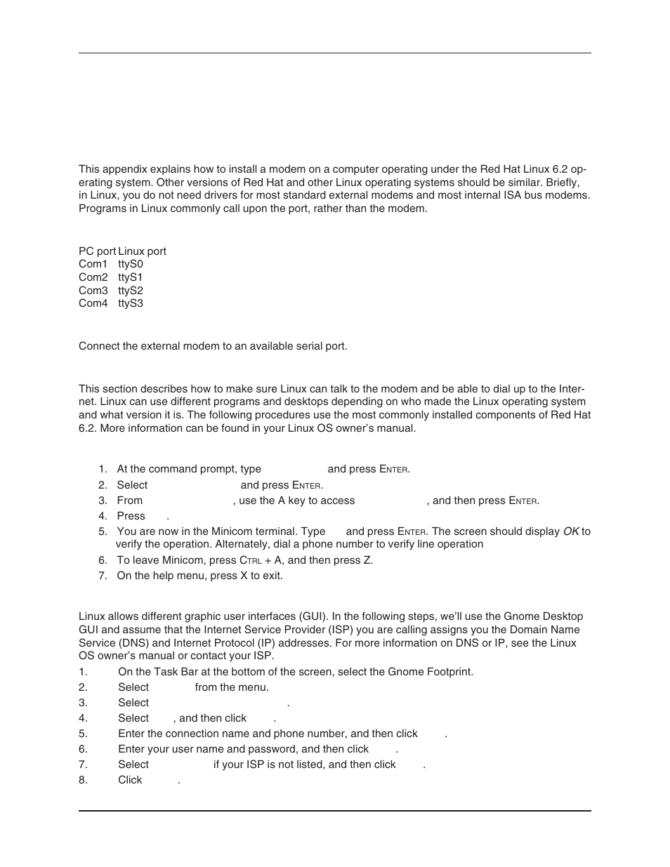 Appendix e - installing a modem under linux, Using the modem to call the internet, Introduction | Standard linux serial port definitions, Installation, Setup | Multi-Tech Systems MT5634ZBA User Manual | Page 54 / 59