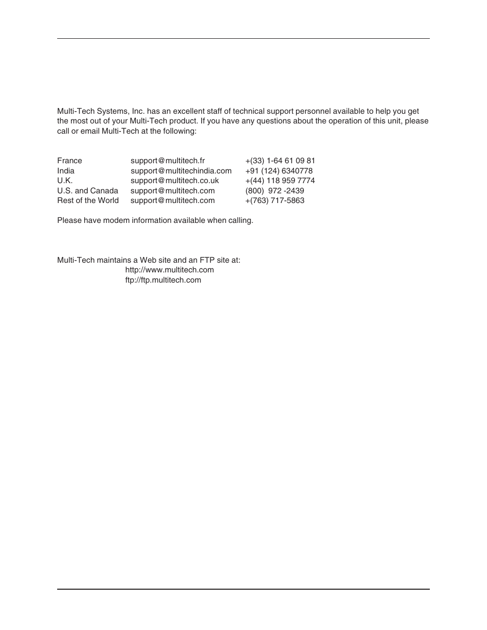 Appendix f - technical support | Multi-Tech Systems MT5634ZBA User Manual | Page 56 / 59