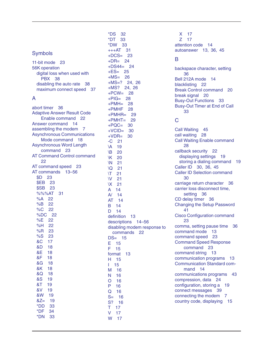 Index, Symbols, 56k operation | Multi-Tech Systems MT5634ZBA User Manual | Page 57 / 59