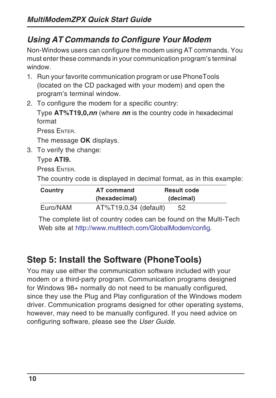 Step 5: install the software (phonetools), Using at commands to configure your modem | Multi-Tech Systems MT5634ZPX-PCI-U/NV User Manual | Page 10 / 12
