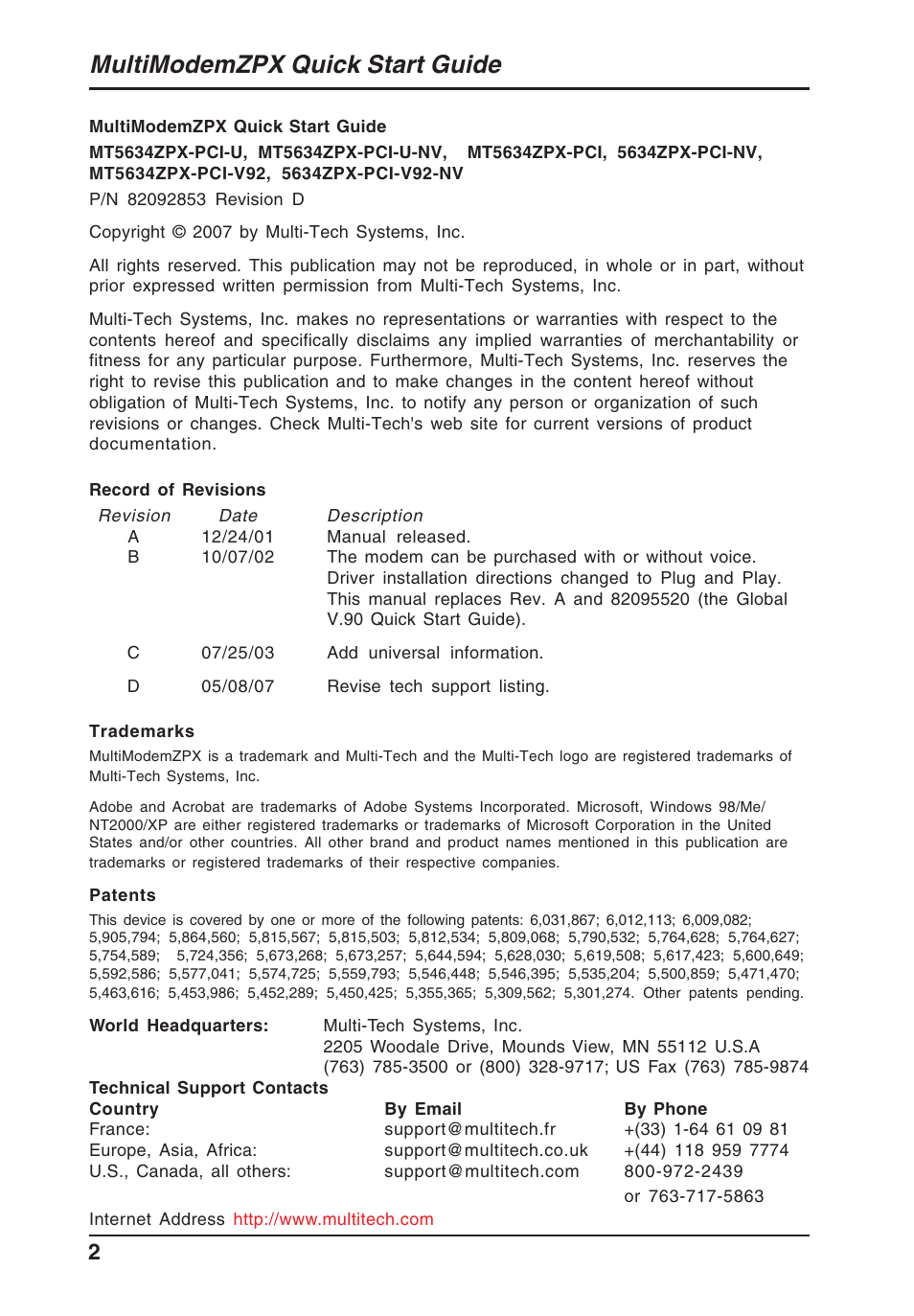Multimodemzpx quick start guide | Multi-Tech Systems MT5634ZPX-PCI-U/NV User Manual | Page 2 / 12