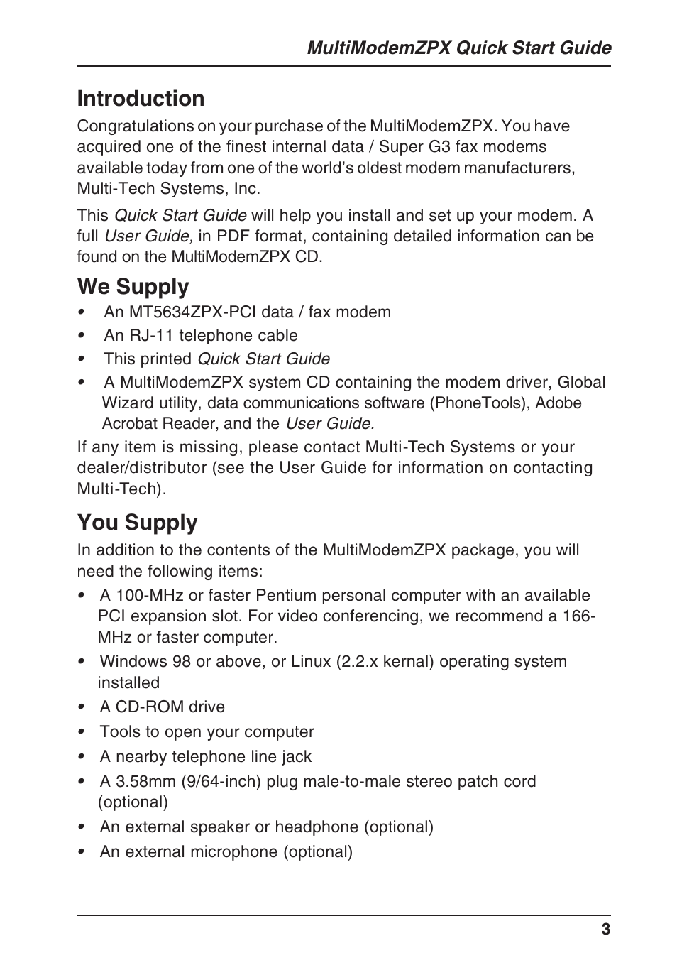 Introduction, We supply, You supply | Multi-Tech Systems MT5634ZPX-PCI-U/NV User Manual | Page 3 / 12
