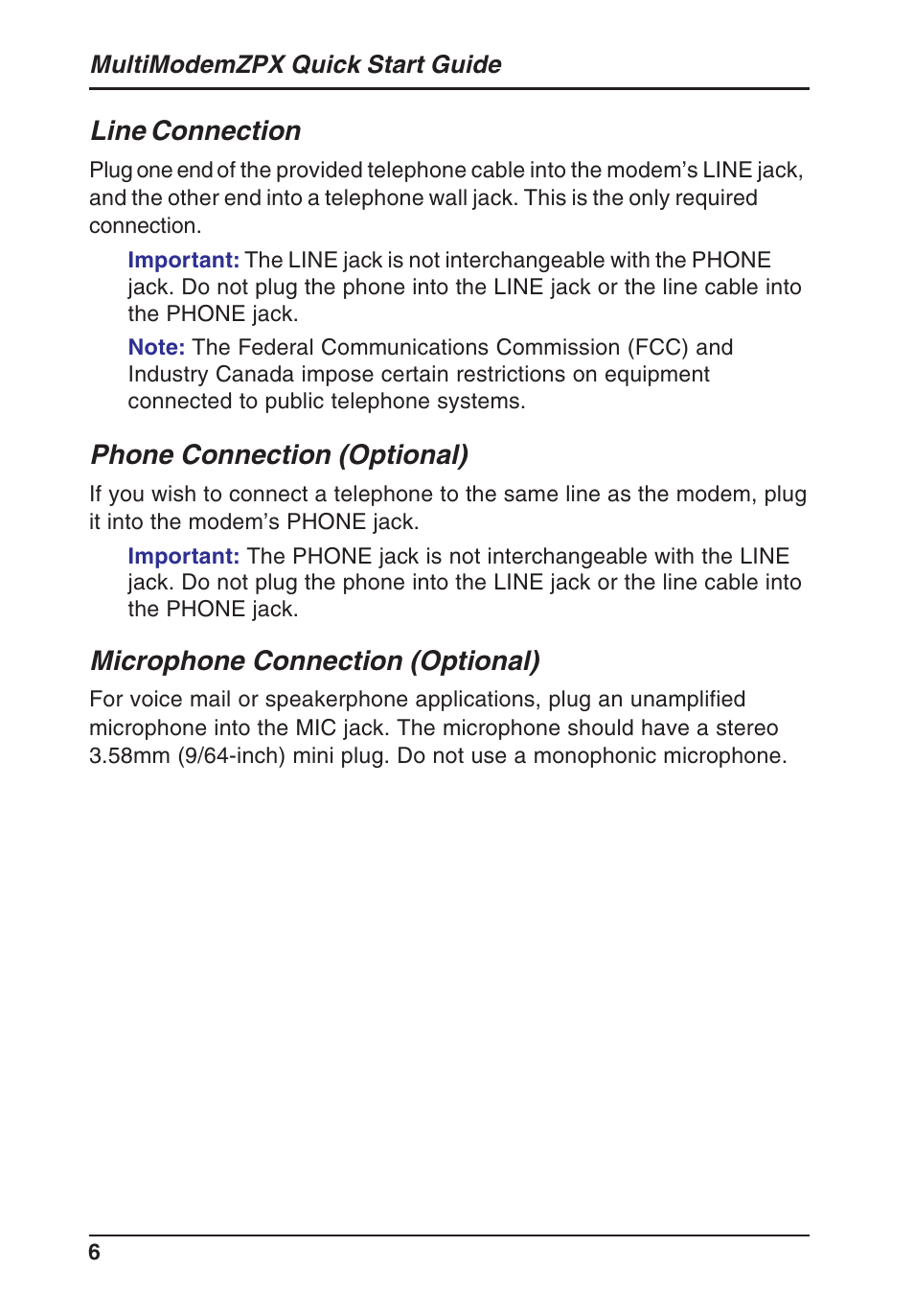 Line connection, Phone connection (optional), Microphone connection (optional) | Multi-Tech Systems MT5634ZPX-PCI-U/NV User Manual | Page 6 / 12