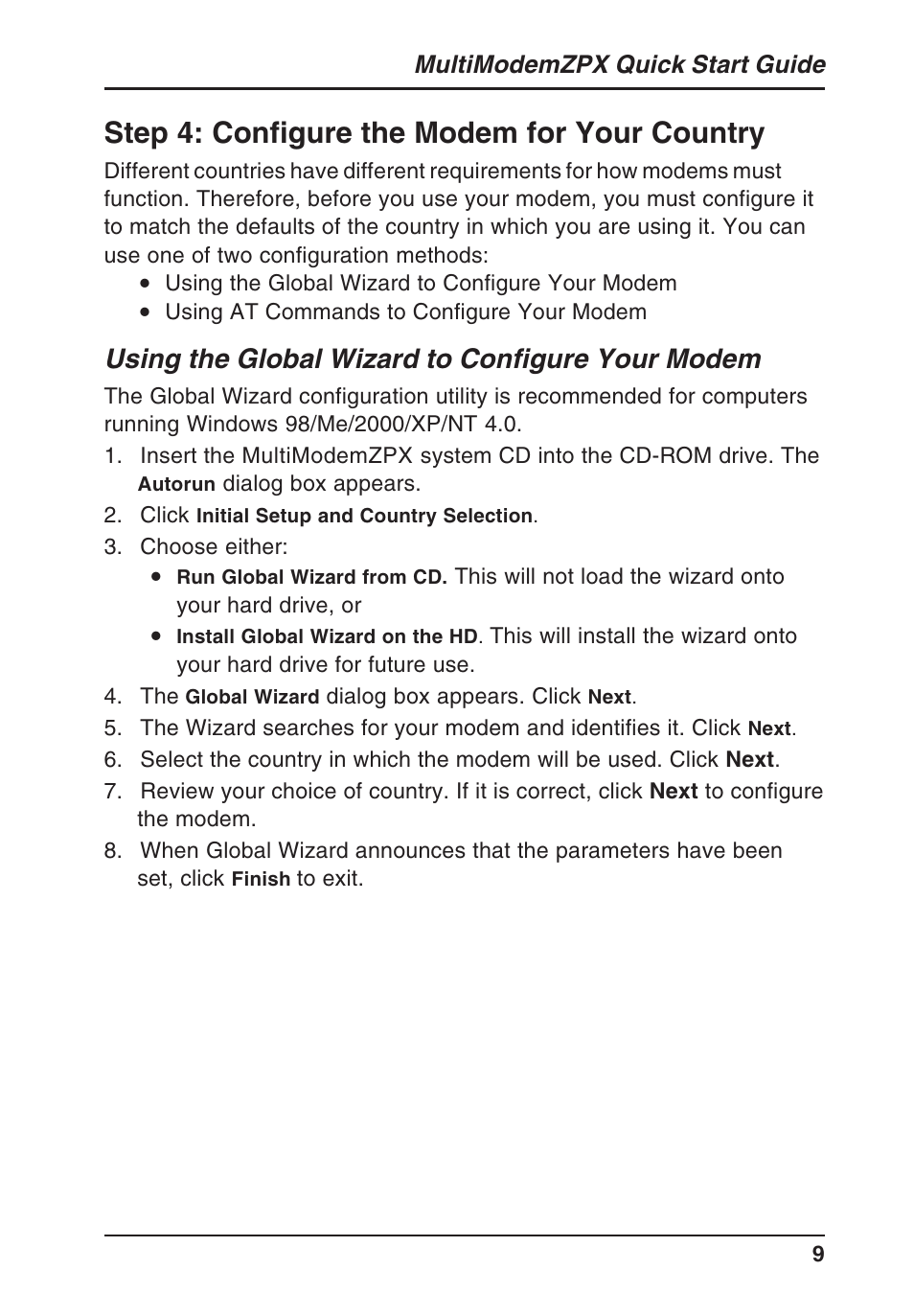 Step 4: configure the modem for your country, Using the global wizard to configure your modem | Multi-Tech Systems MT5634ZPX-PCI-U/NV User Manual | Page 9 / 12