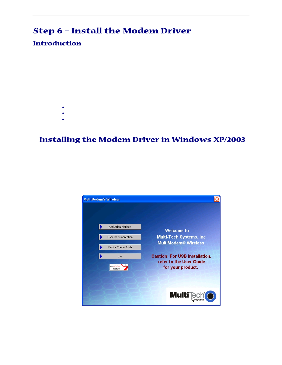 Step 6 – install the modem driver, Installing the modem driver in windows xp/2003, Introduction | Multi-Tech Systems MTCBA-G-U User Manual | Page 13 / 35