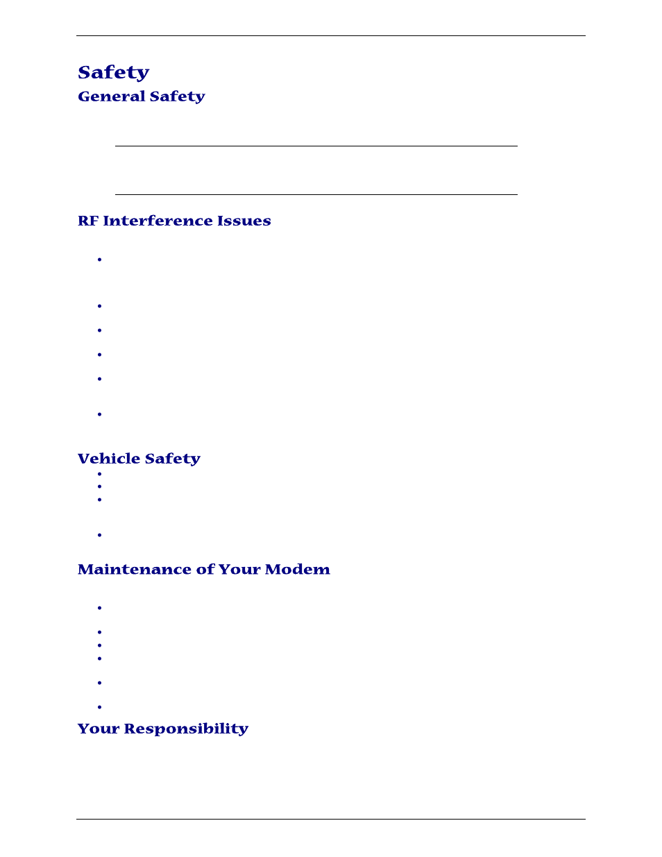Safety, General safety, Rf interference issues | Vehicle safety, Maintenance of your modem, Your responsibility | Multi-Tech Systems MTCBA-G-U User Manual | Page 6 / 35