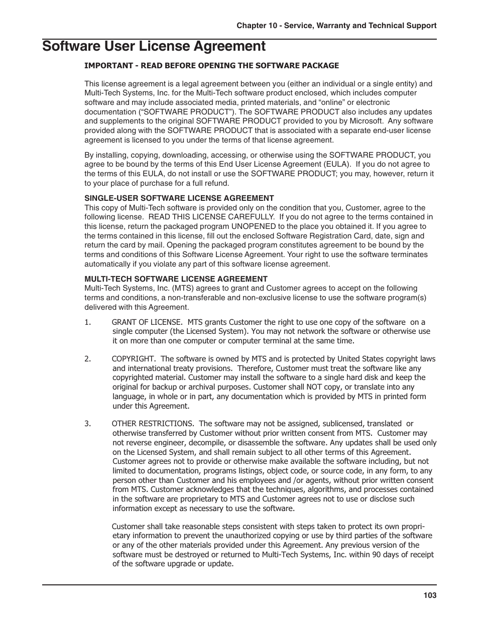 Software user license agreement | Multi-Tech Systems RF802EW User Manual | Page 103 / 118