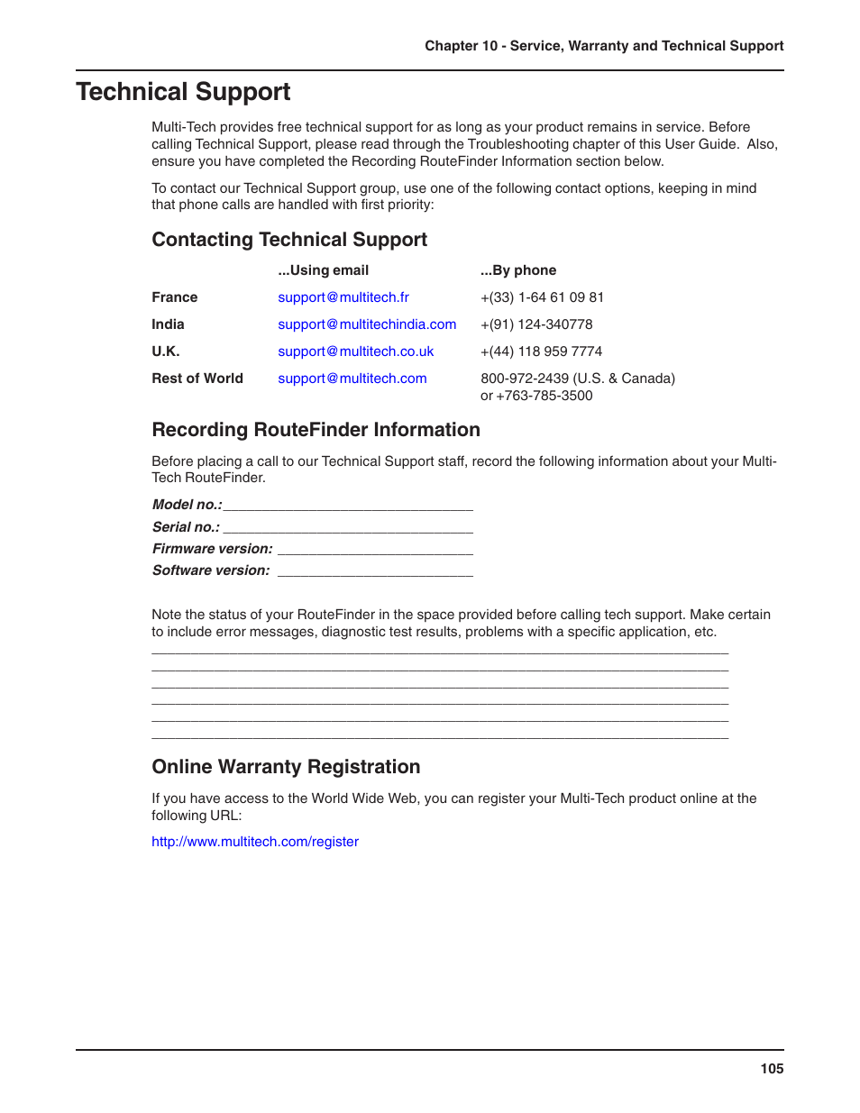 Technical support, Contacting technical support, Recording routefinder information | Online warranty registration, About the internet ordering accessories | Multi-Tech Systems RF802EW User Manual | Page 105 / 118