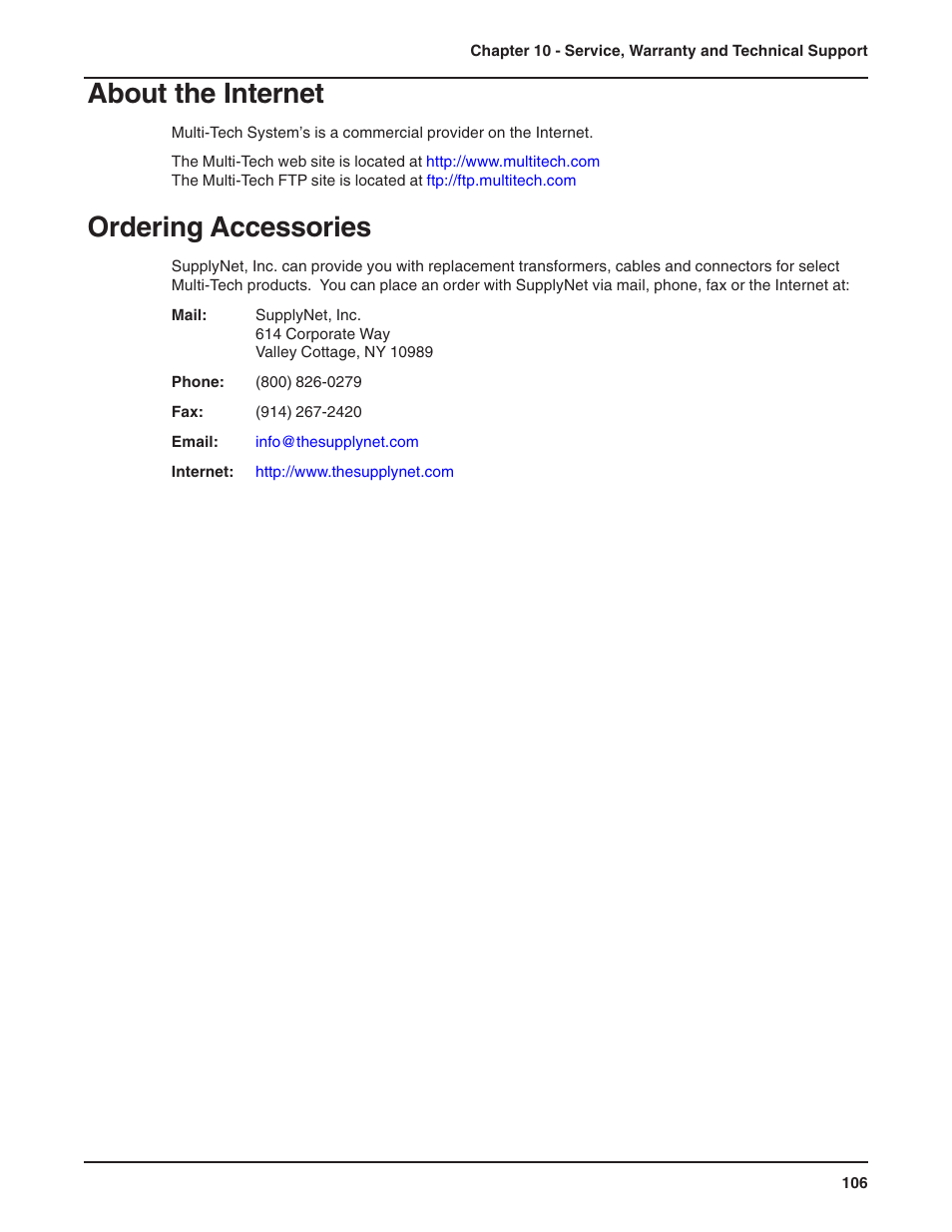 About the internet, Ordering accessories, Appendix a - regulatory compliance information | Class b statement fcc part 15 | Multi-Tech Systems RF802EW User Manual | Page 106 / 118