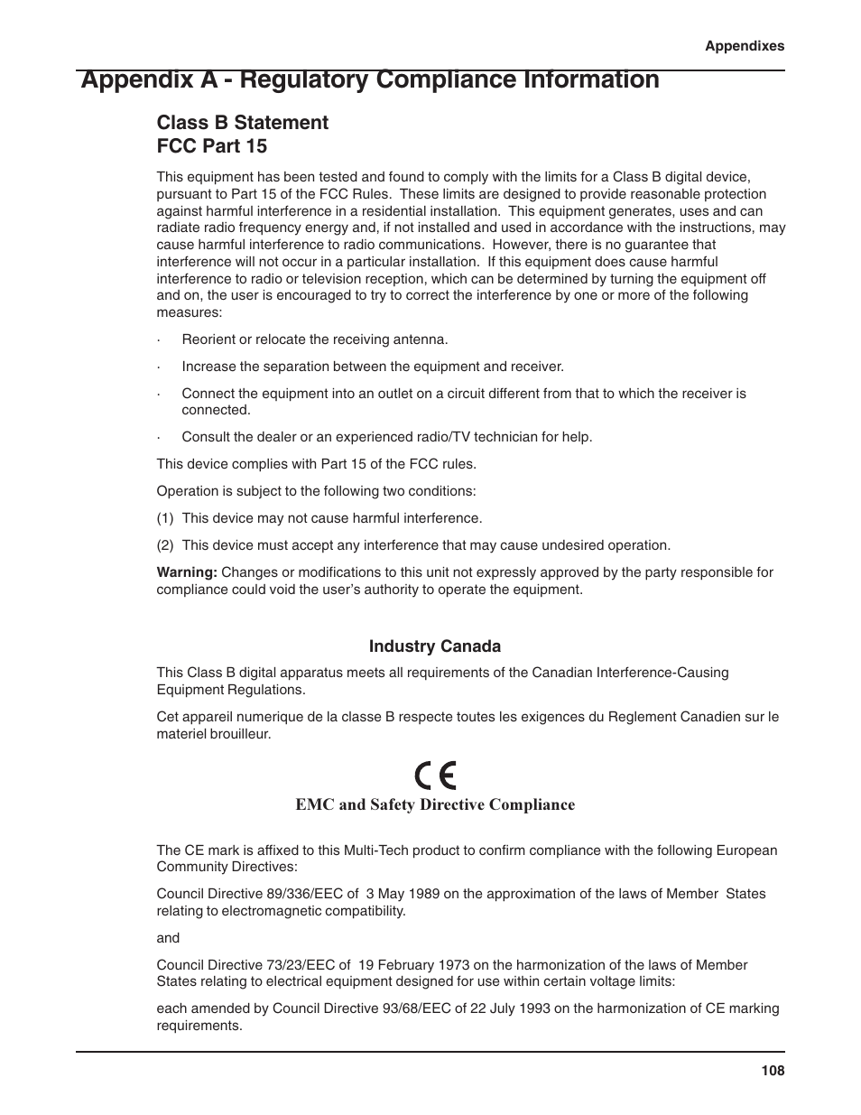 Appendix a - regulatory compliance information, Class b statement fcc part 15 | Multi-Tech Systems RF802EW User Manual | Page 108 / 118