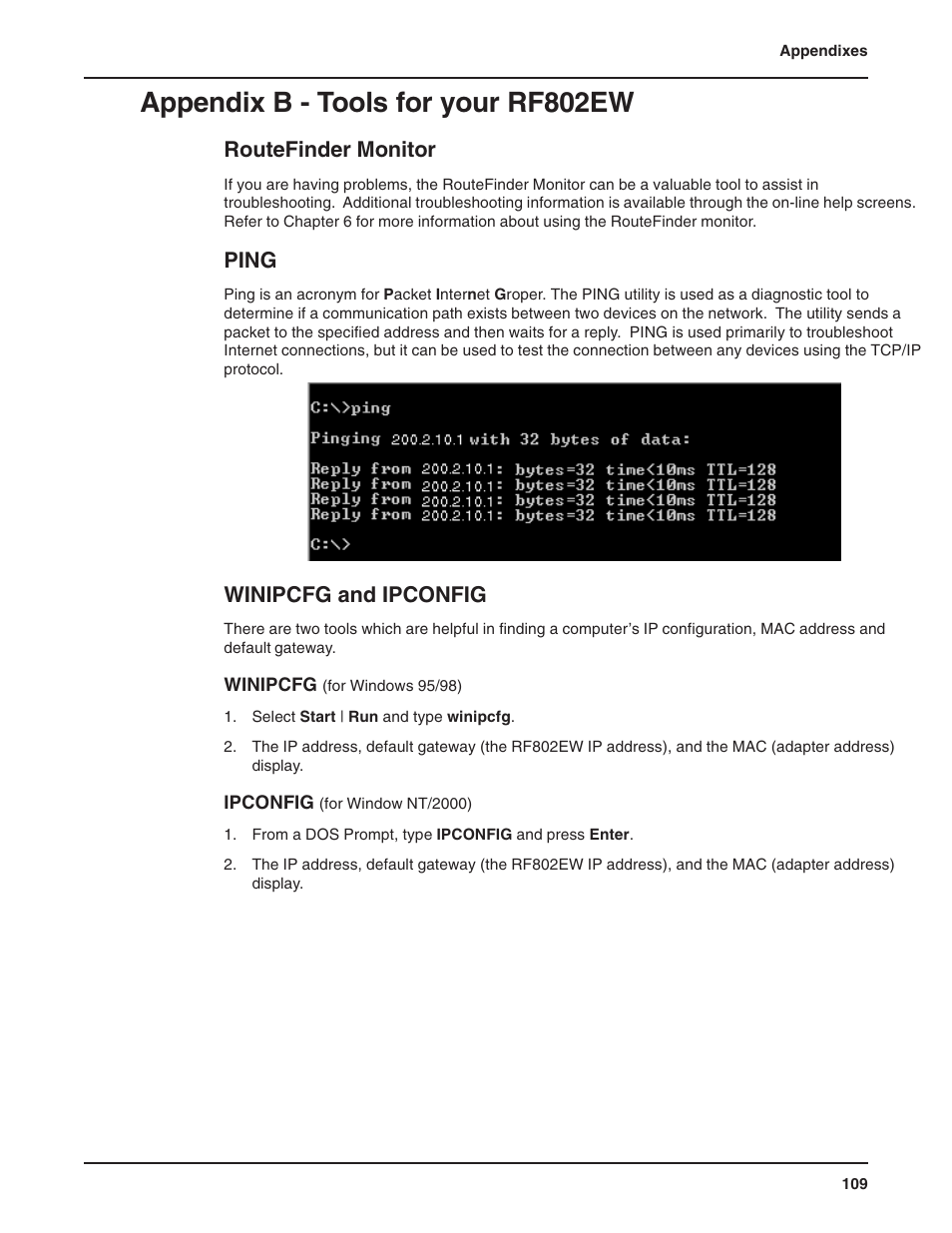 Appendix b - tools for your rf802ew, Routefinder monitor, Ping | Winipcfg and ipconfig, Routefinder monitor ping winipcfg and ipconfig | Multi-Tech Systems RF802EW User Manual | Page 109 / 118
