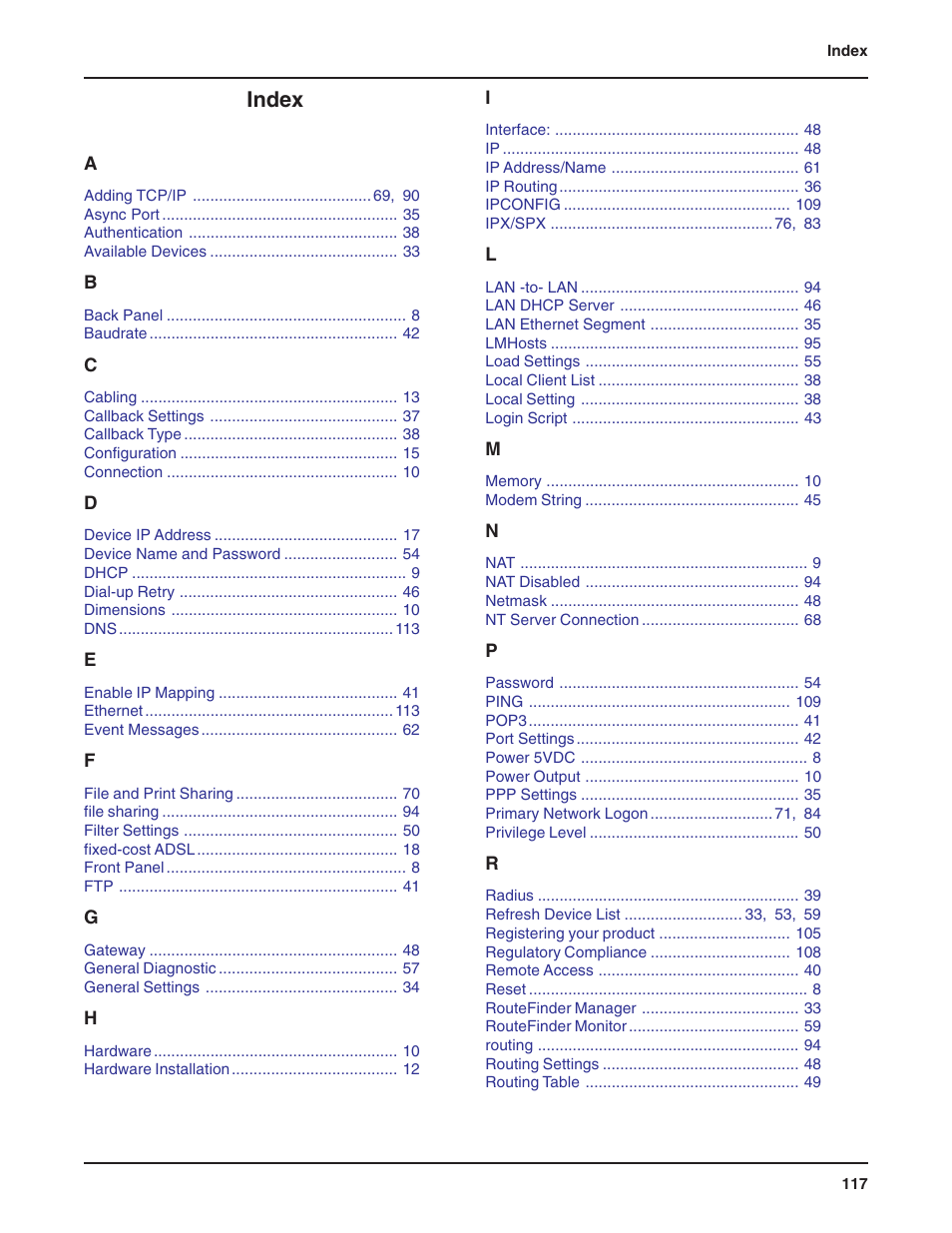 Index | Multi-Tech Systems RF802EW User Manual | Page 117 / 118