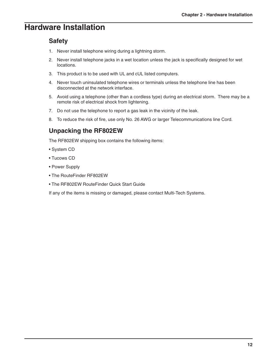 Chapter 2 - hardware installation, Safety, Unpacking the rf802ew | Hardware installation, Safety unpacking the rf802ew | Multi-Tech Systems RF802EW User Manual | Page 12 / 118