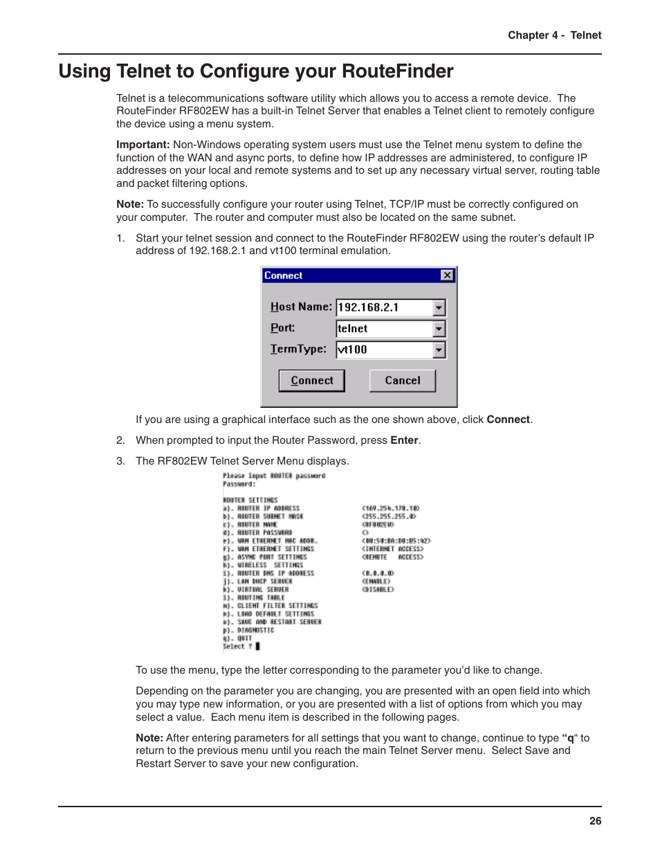Chapter 4 - telnet, Using telnet to configure your routefinder | Multi-Tech Systems RF802EW User Manual | Page 26 / 118