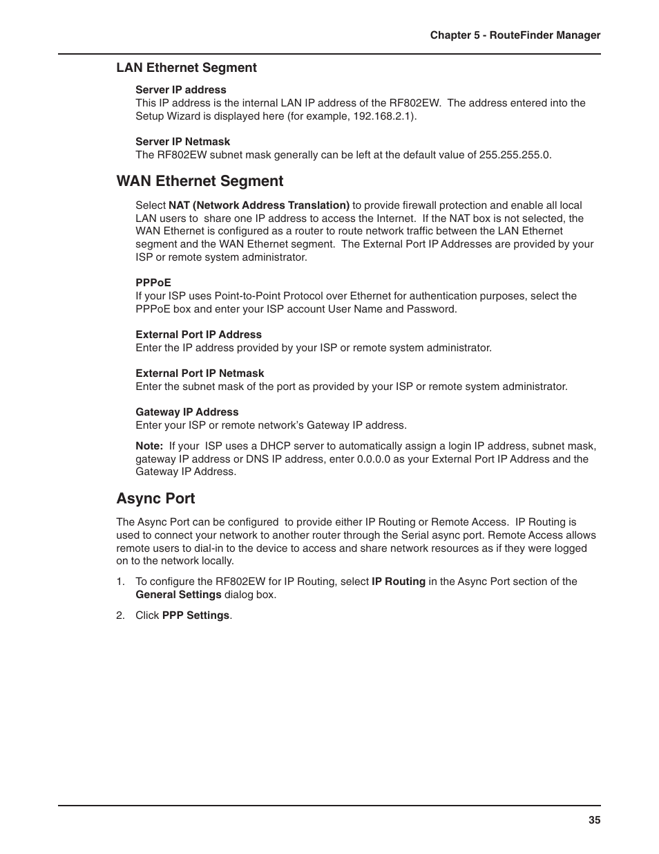 Lan ethernet segment, Wan ethernet segment, Async port | Multi-Tech Systems RF802EW User Manual | Page 35 / 118