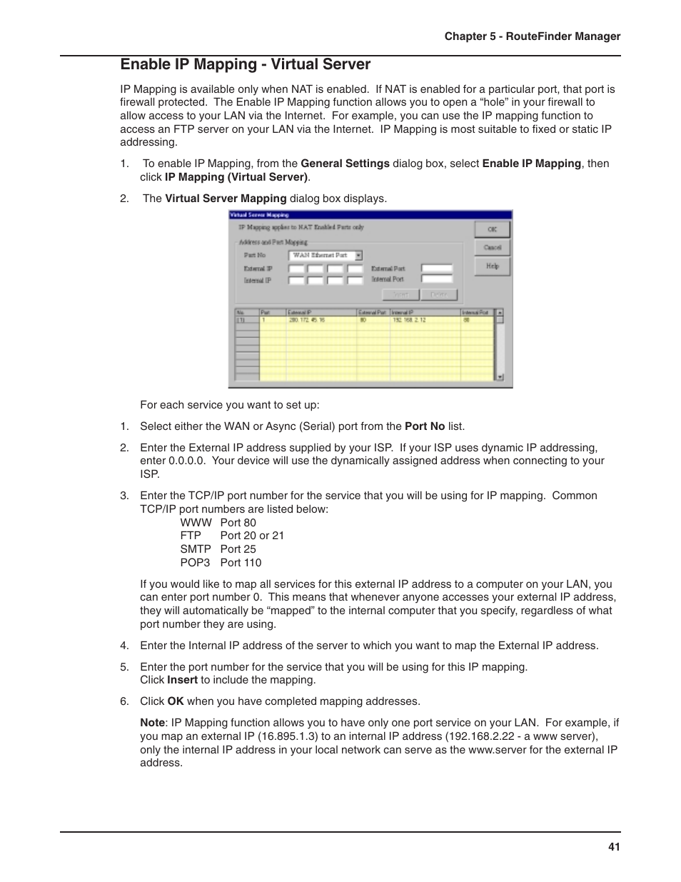 Enable ip mapping - virtual server, Port settings | Multi-Tech Systems RF802EW User Manual | Page 41 / 118