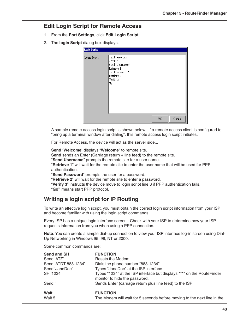 Edit login script for remote access, Writing a login script for ip routing | Multi-Tech Systems RF802EW User Manual | Page 43 / 118