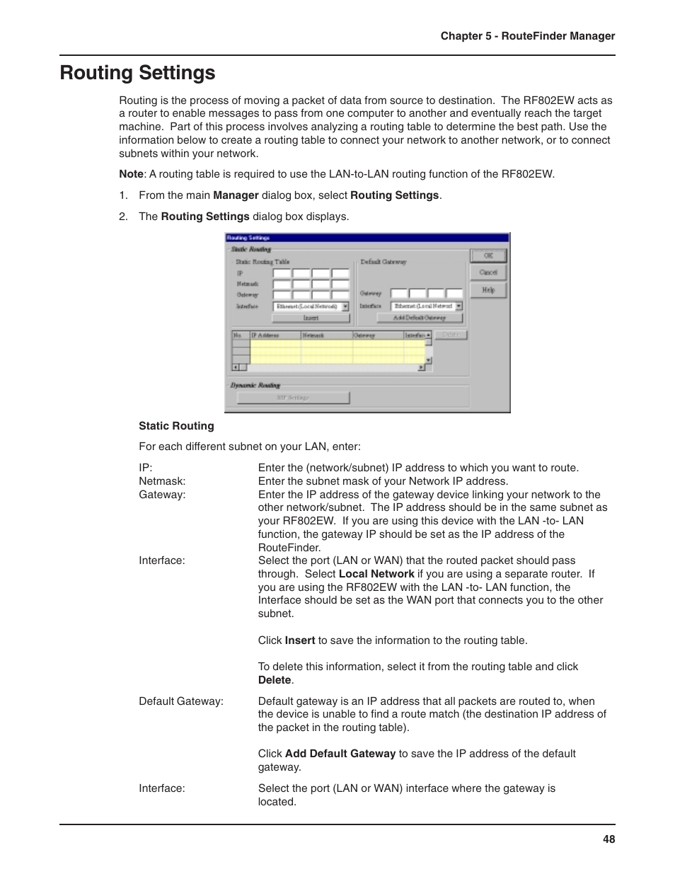 Routing settings, Routing table | Multi-Tech Systems RF802EW User Manual | Page 48 / 118