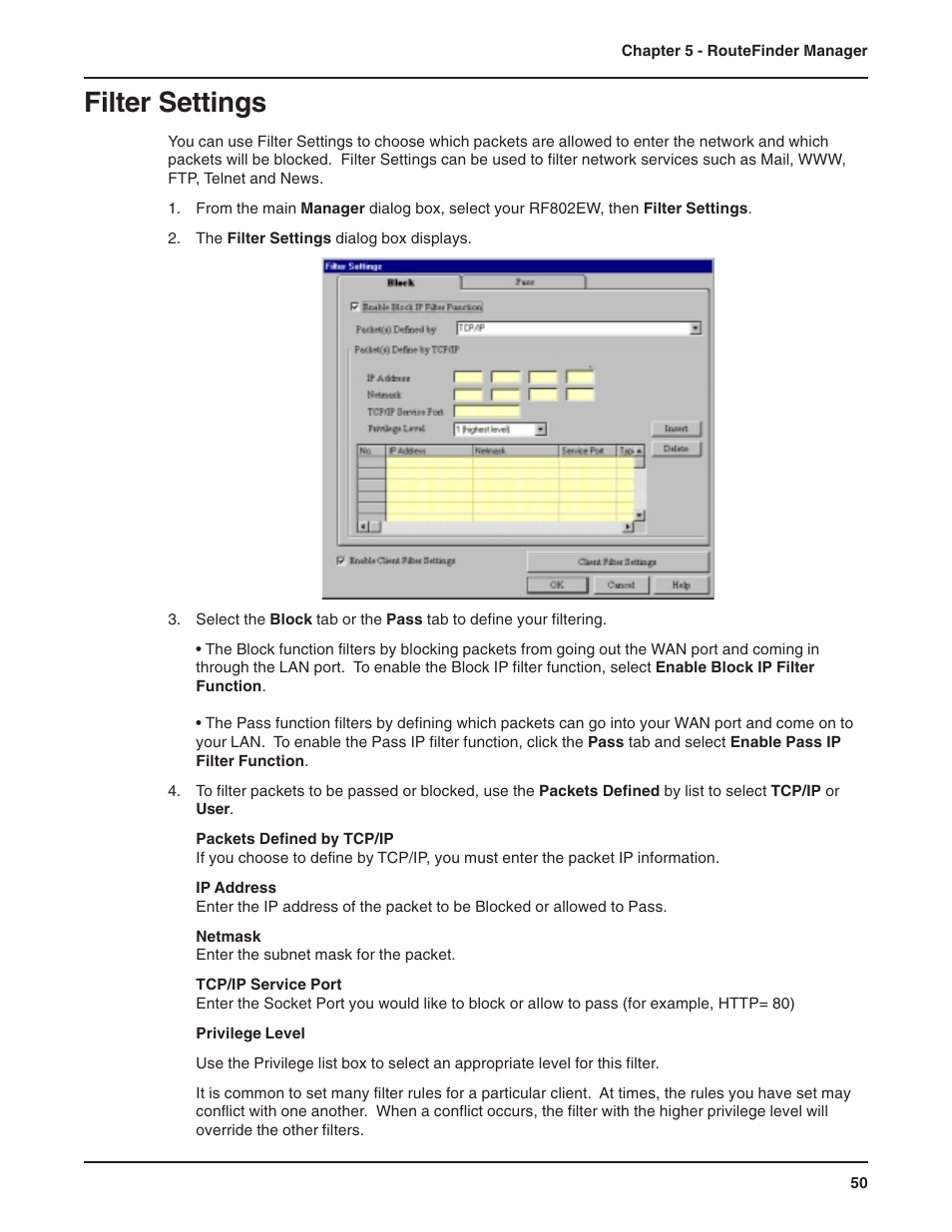 Filter settings | Multi-Tech Systems RF802EW User Manual | Page 50 / 118